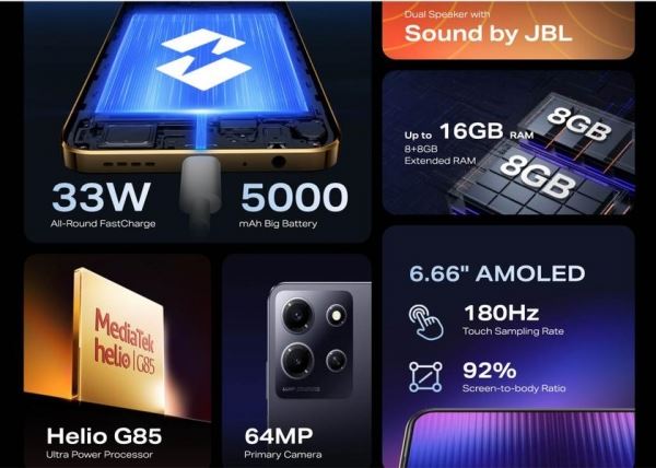 <br />
							Infinix Note 30i – Helio G85, 64-МП камера, стереодинамики JBL и Android 13<br />
						